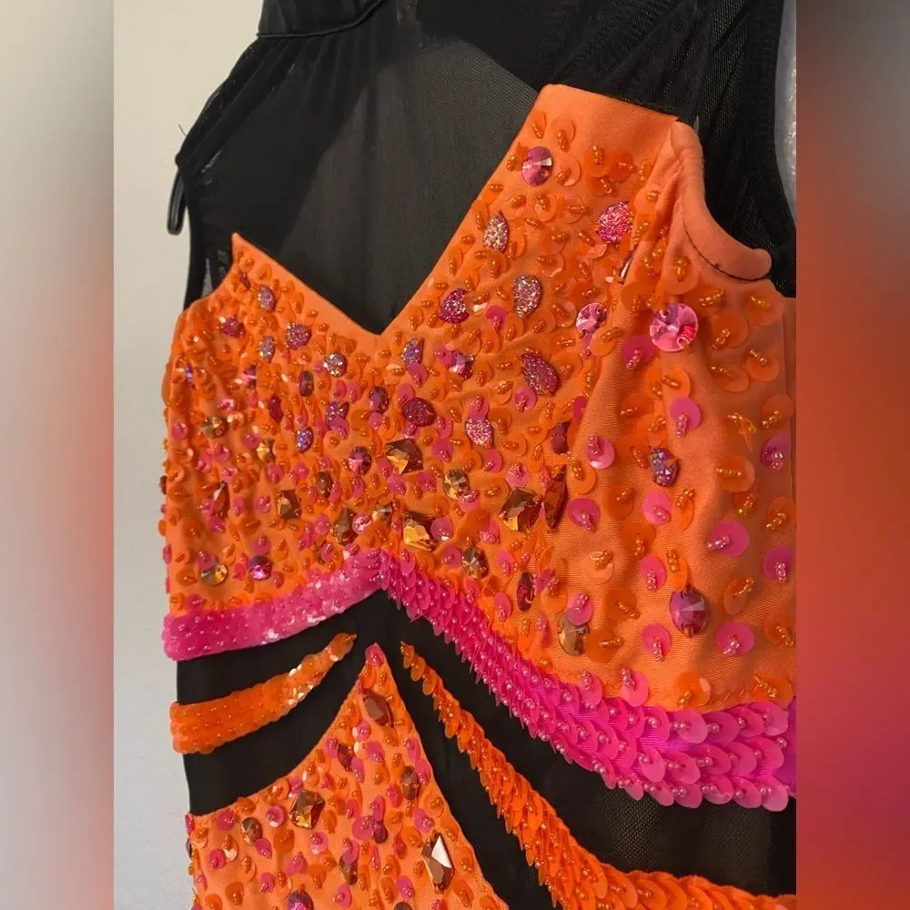 Glamour solo dance costume orange black illusion rhinestoned LC-large child